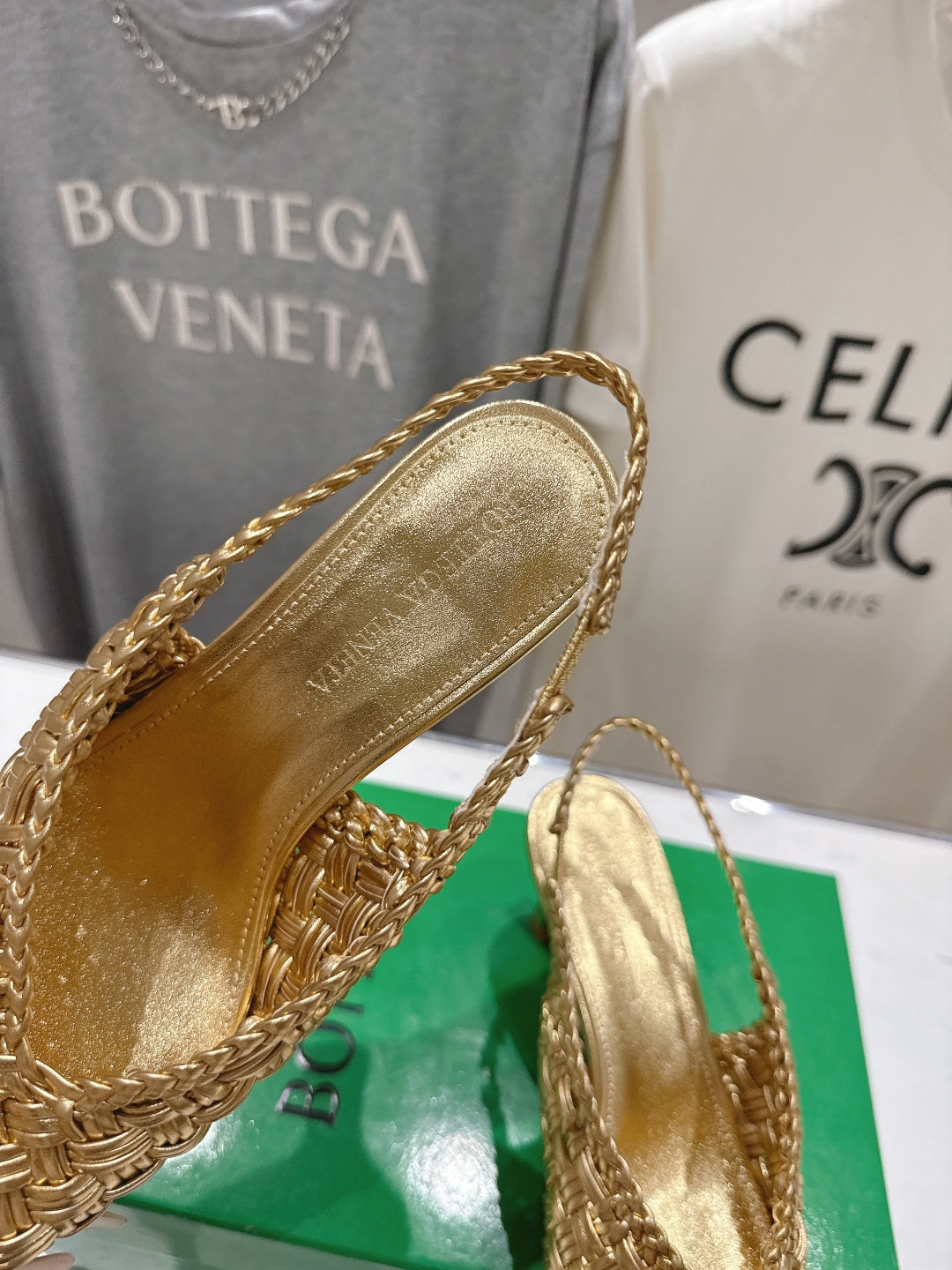 BV Parco Open-Back Sandals 5.5cm Gold  Intrecciato Woven Leather 794443