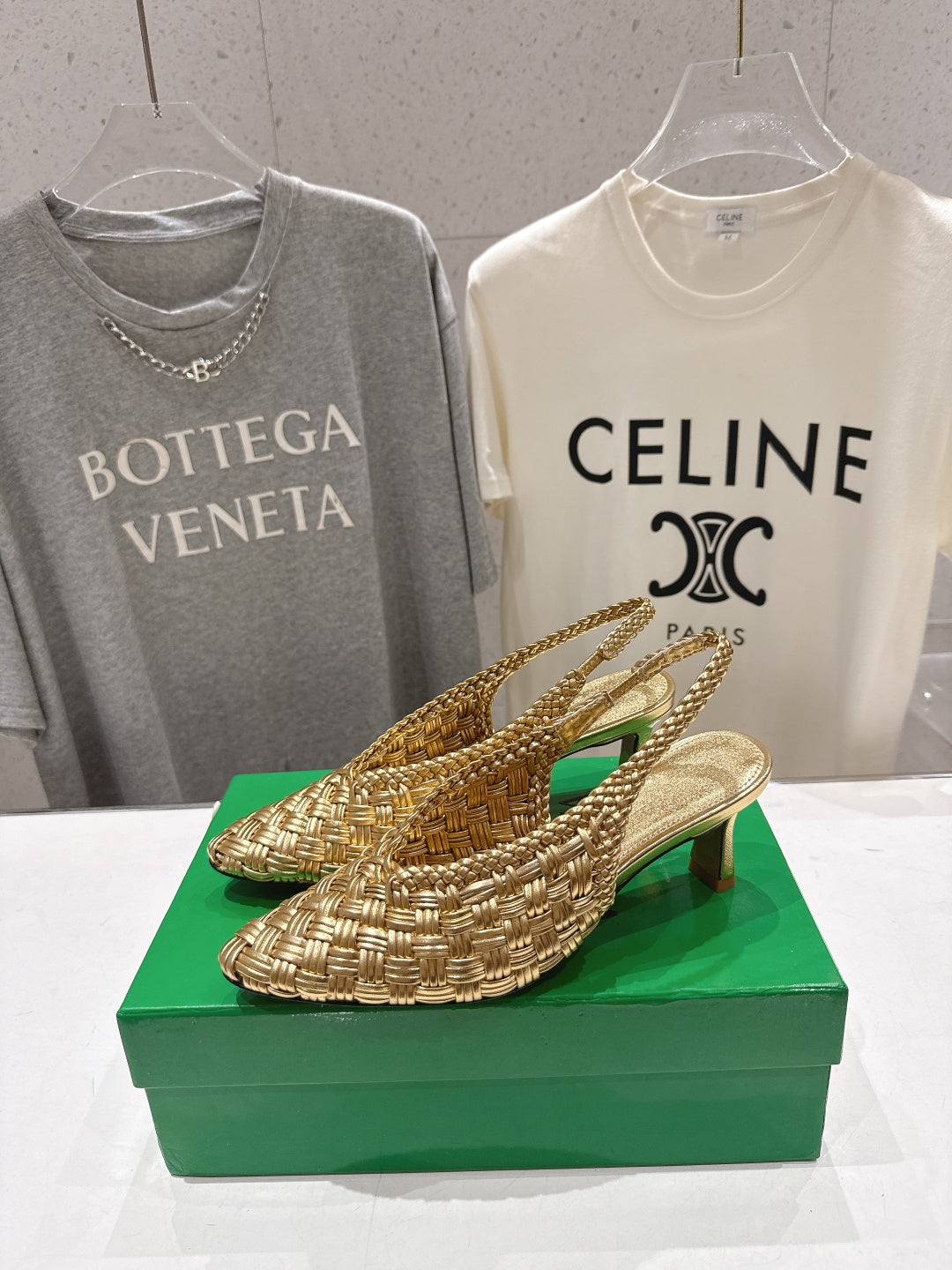 BV Parco Open-Back Sandals 5.5cm Gold  Intrecciato Woven Leather 794443