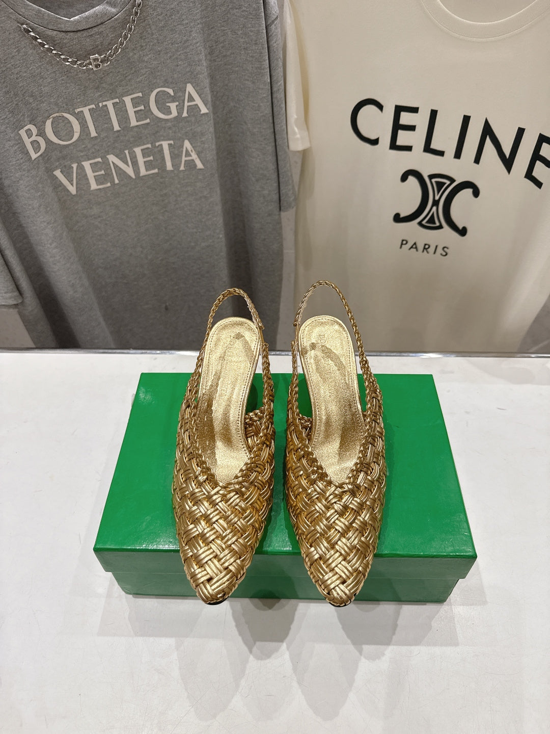 BV Parco Open-Back Sandals 5.5cm Gold  Intrecciato Woven Leather 794443