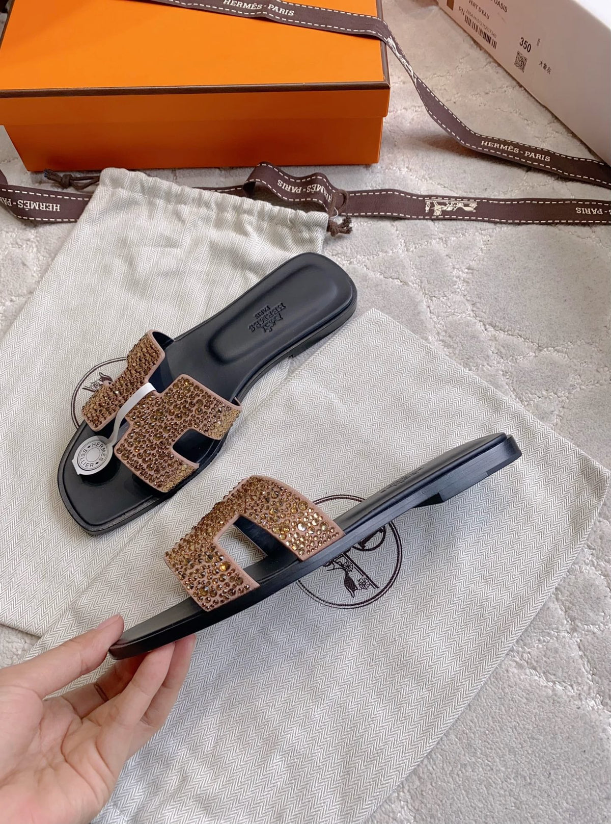 HM 26s Oran Sandal Black Brown Calfskin Crystal Embellished