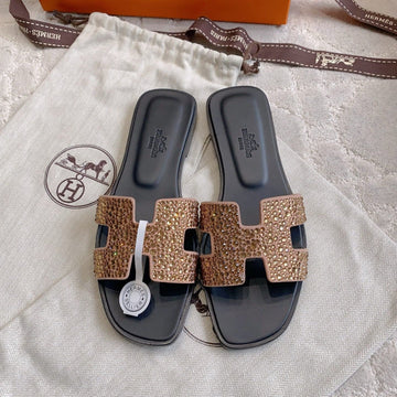 HM 26s Oran Sandal Black Brown Calfskin Crystal Embellished