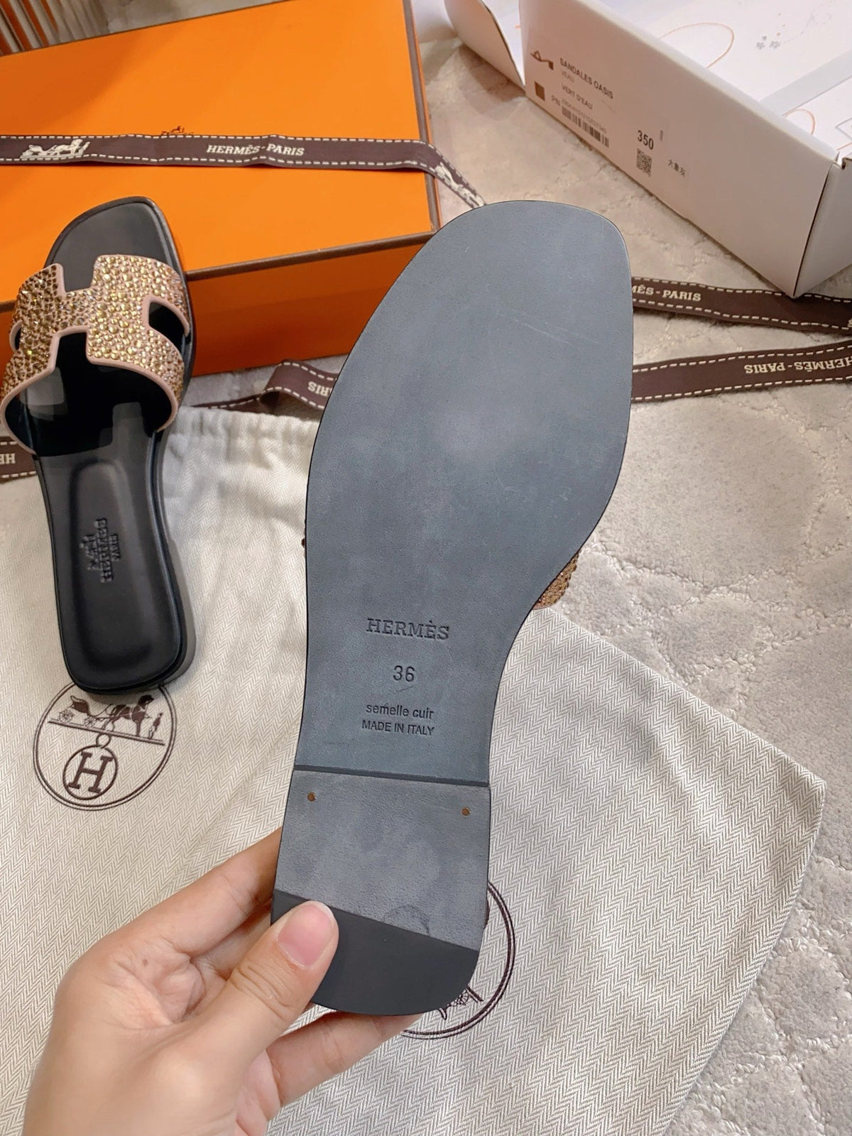 HM 26s Oran Sandal Black Brown Calfskin Crystal Embellished