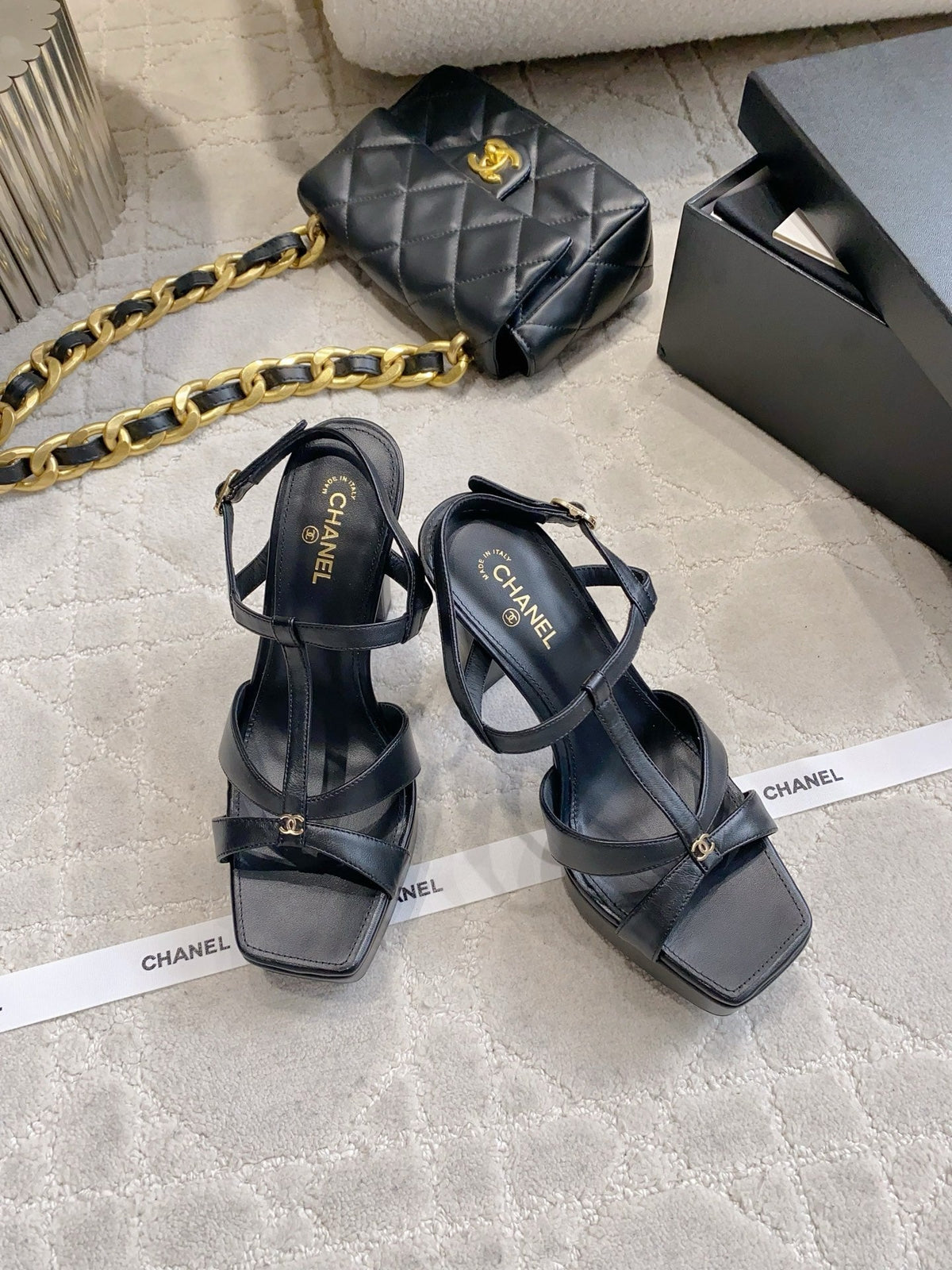 CC 26s Platform Stiletto Sandals 13cm Black Sheepskin 723710