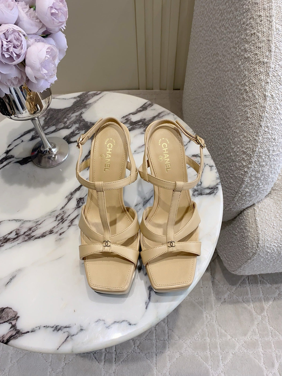 CC 26s Platform Stiletto Sandals 13cm Beige Sheepskin 723711
