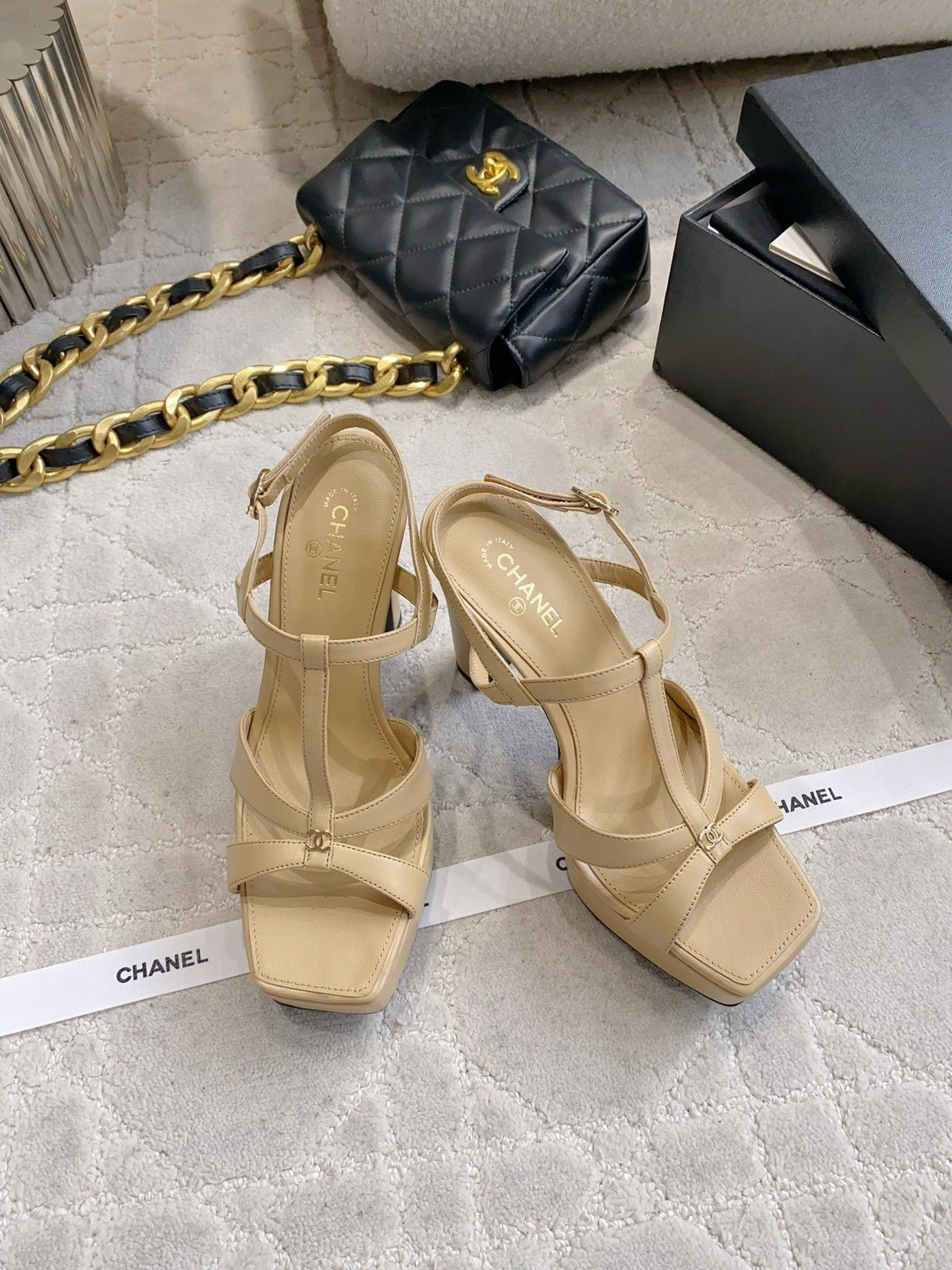 CC 26s Platform Stiletto Sandals 13cm Beige Sheepskin 723711