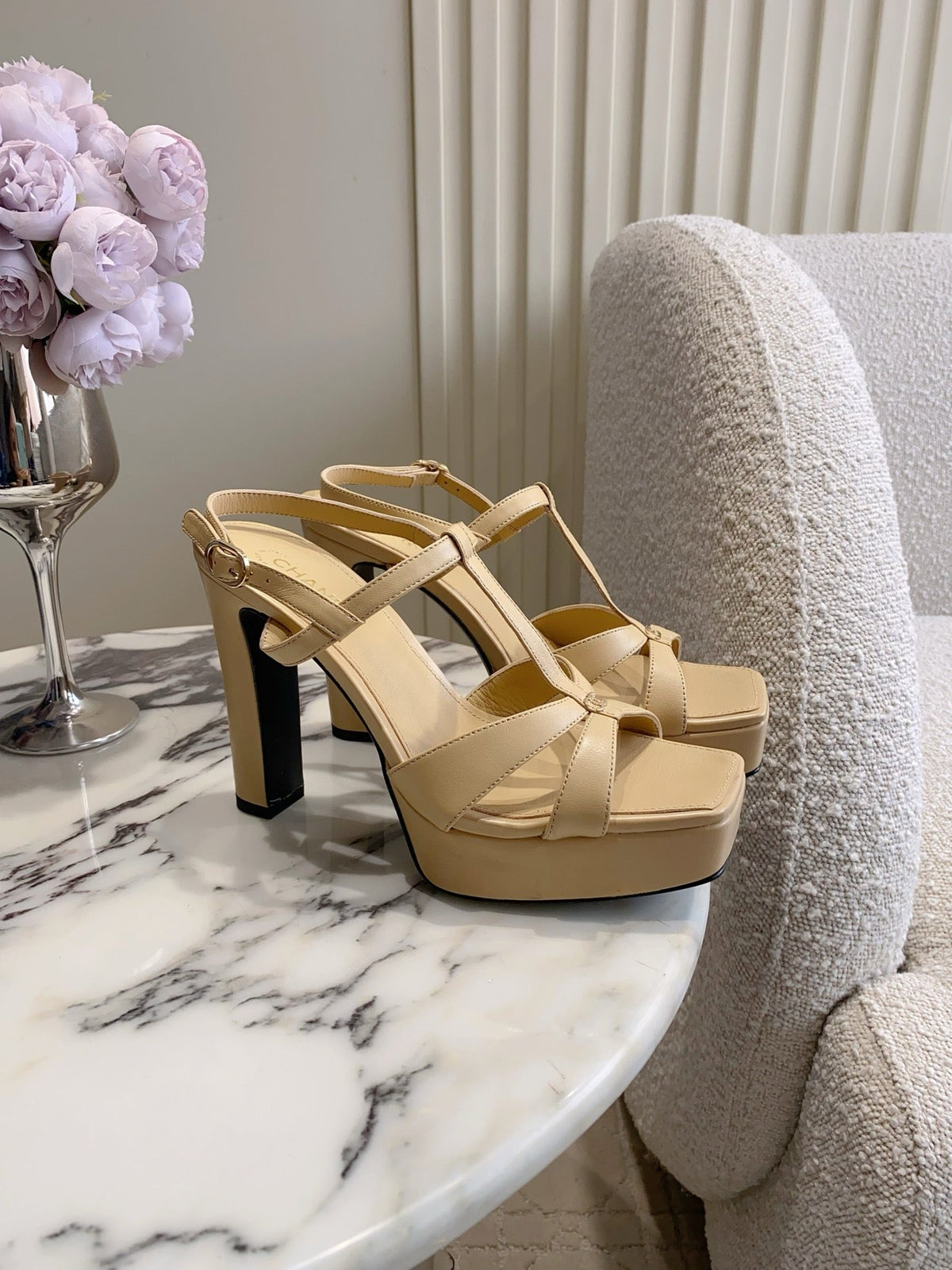 CC 26s Platform Stiletto Sandals 13cm Beige Sheepskin 723711
