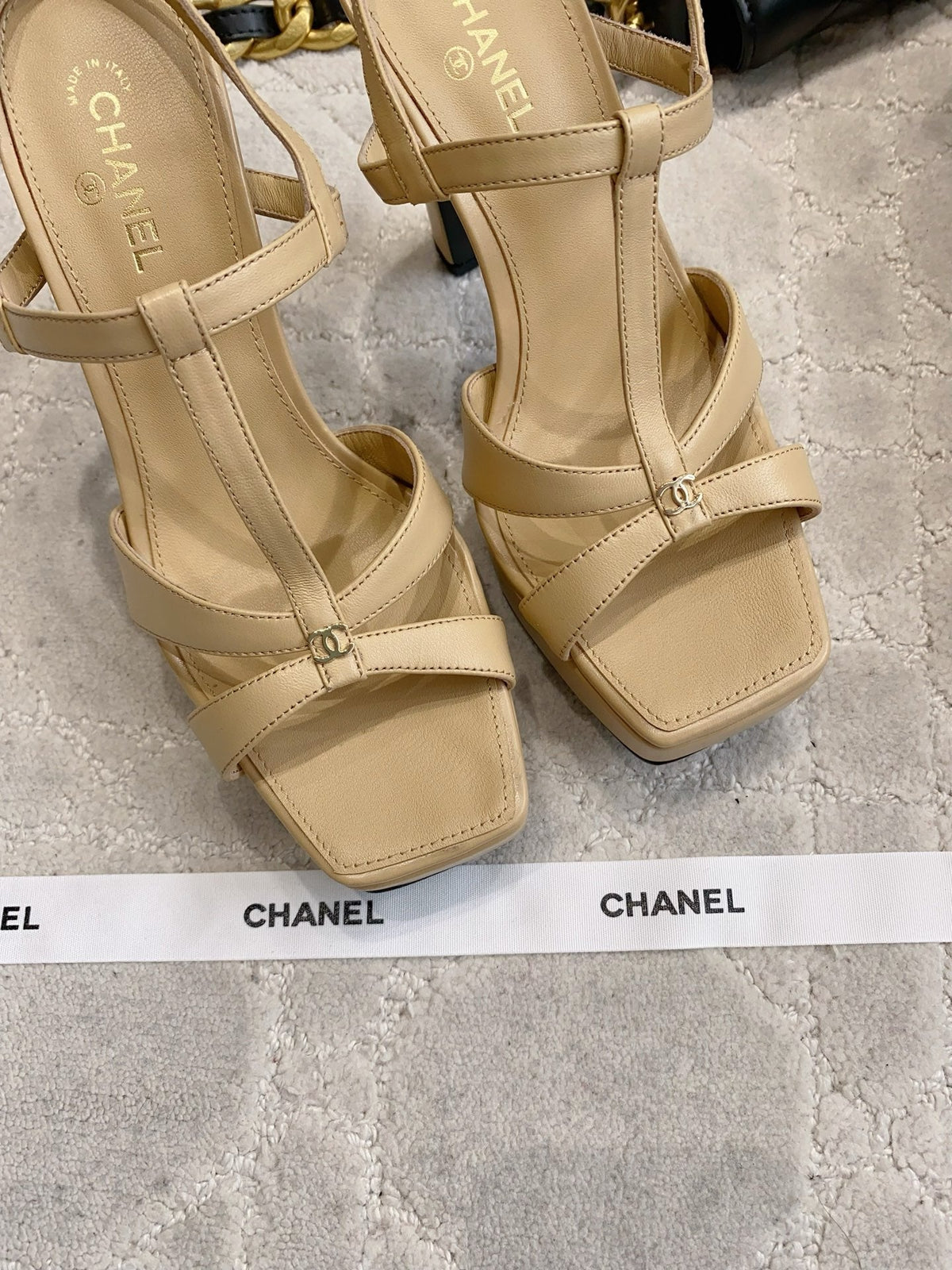 CC 26s Platform Stiletto Sandals 13cm Beige Sheepskin 723711