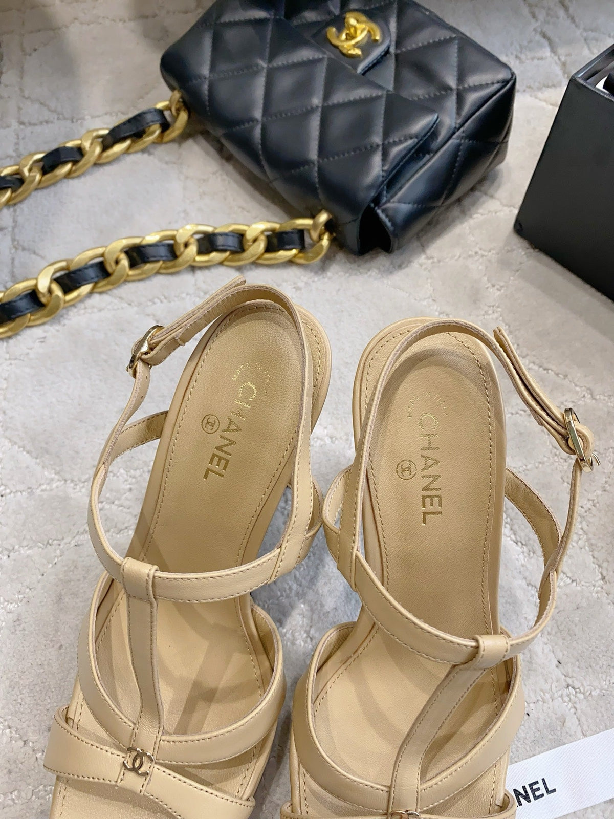 CC 26s Platform Stiletto Sandals 13cm Beige Sheepskin 723711