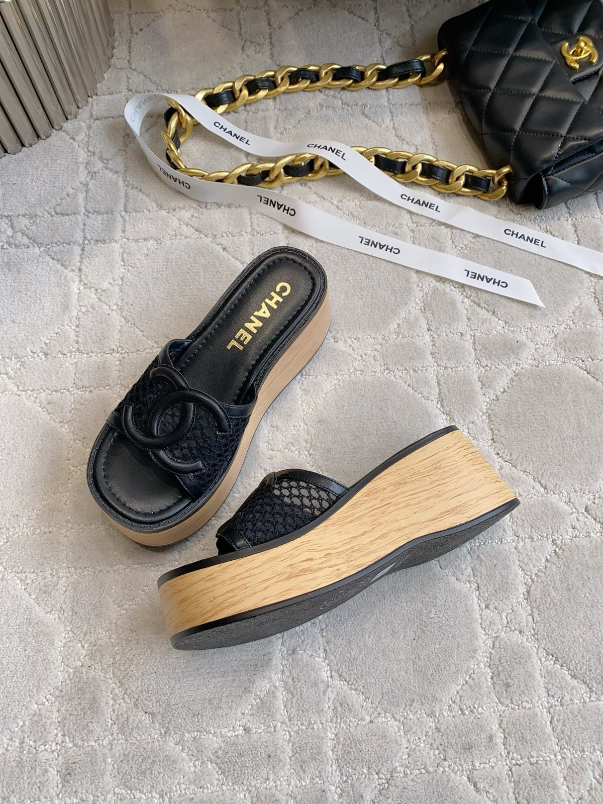 CC Logo Platform Sandals Black Lambskin 723734