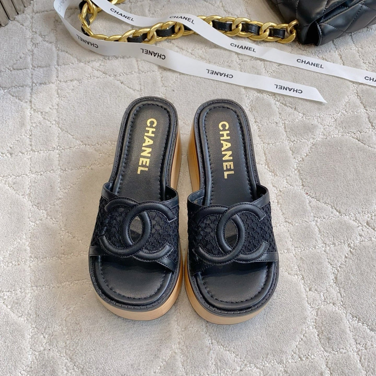 CC Logo Platform Sandals Black Lambskin 723734