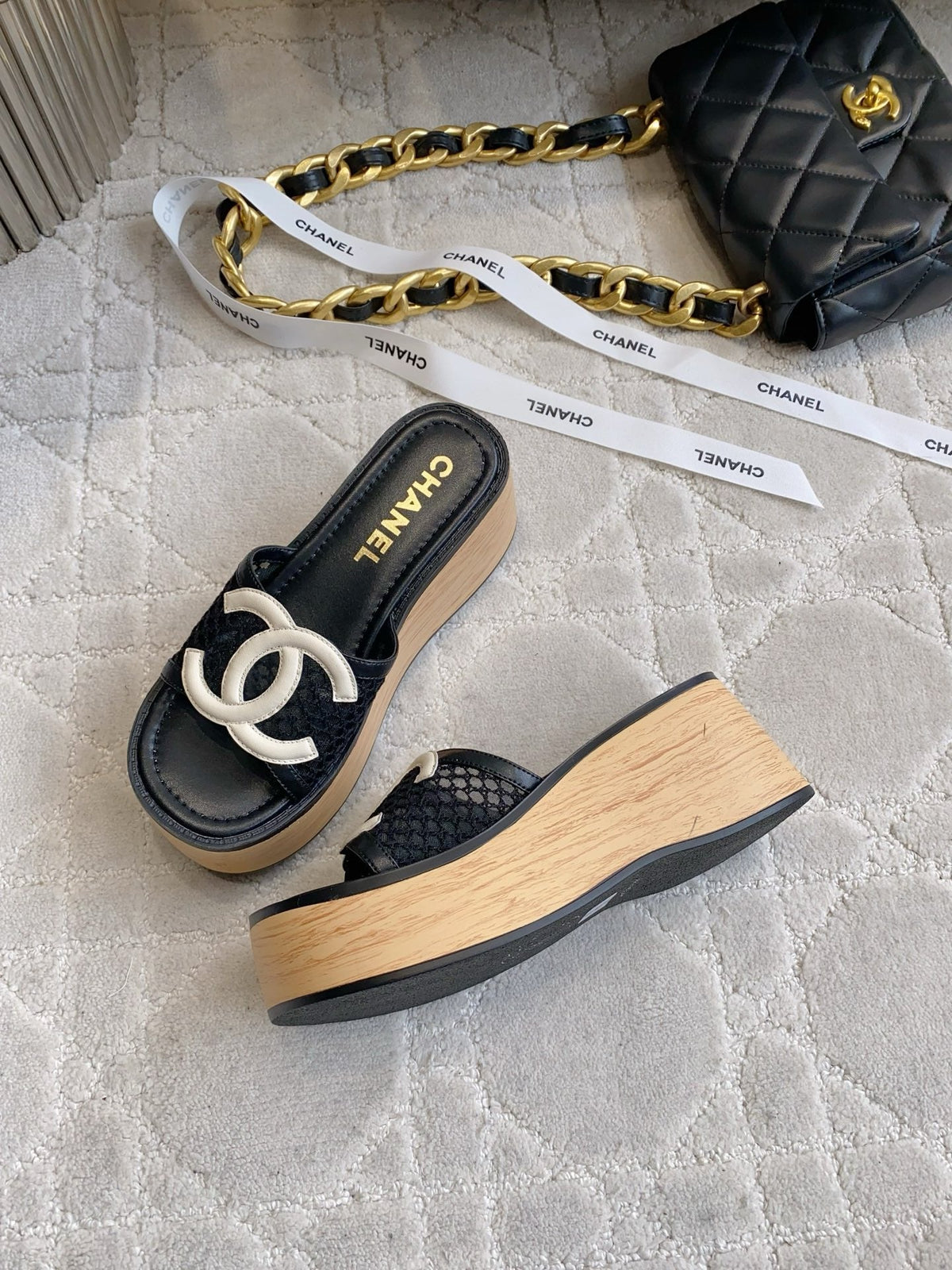 CC Logo Platform Sandals Black Lambskin 723734