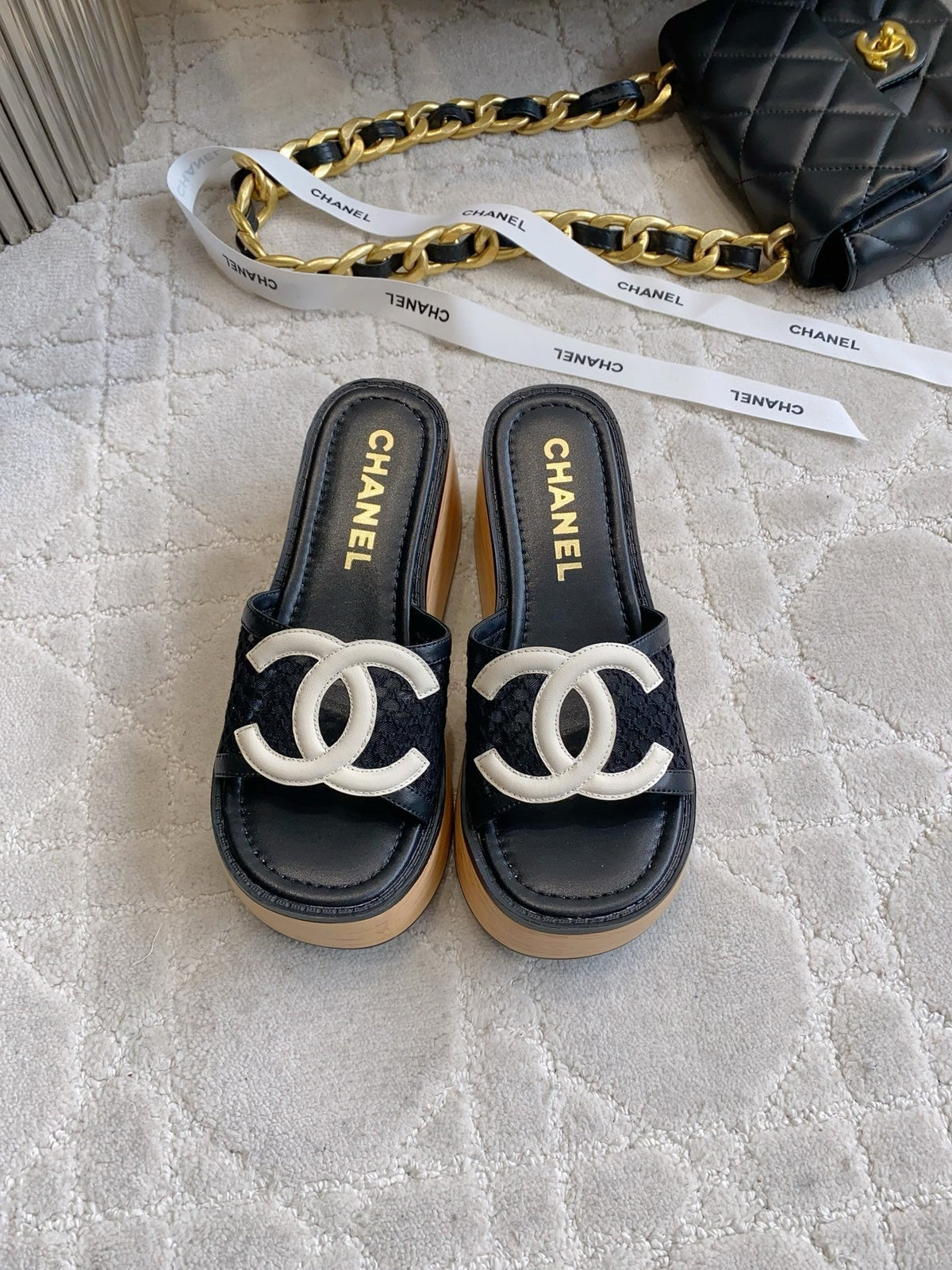 CC Logo Platform Sandals Black Lambskin 723734