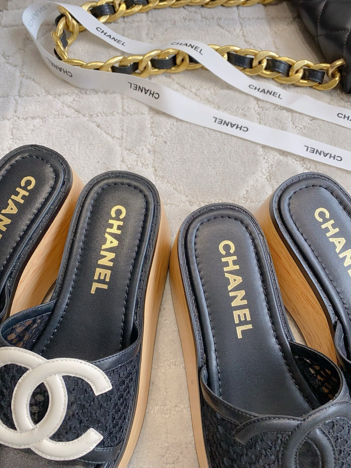 CC Logo Platform Sandals Black Lambskin 723734