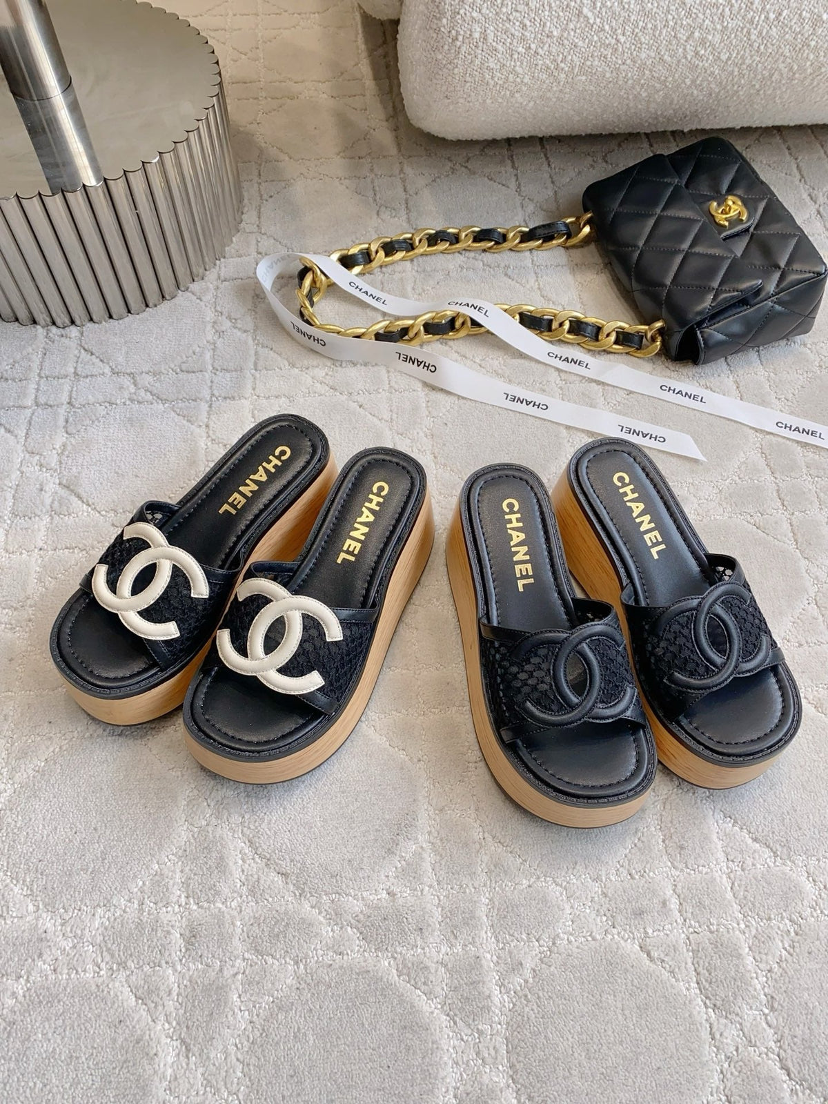 CC Logo Platform Sandals Black Lambskin 723734