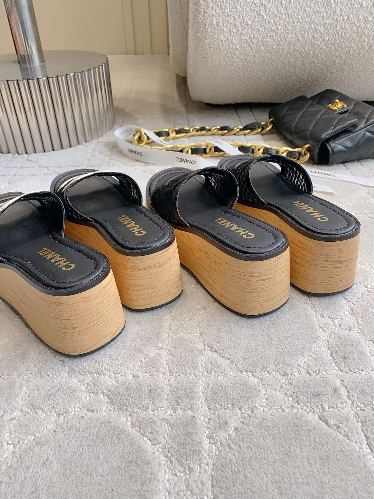 CC Logo Platform Sandals Black Lambskin 723734