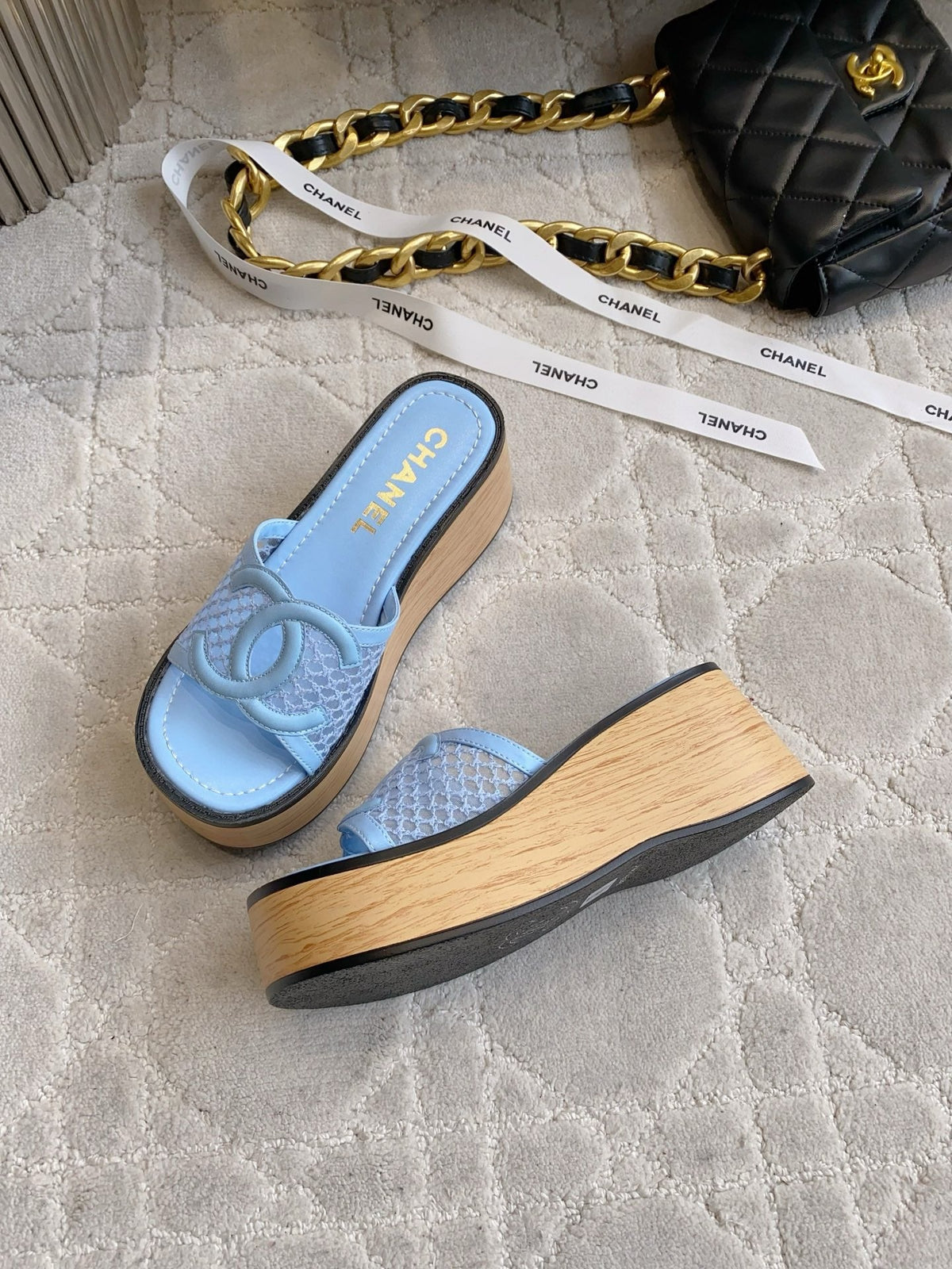 CC Logo Platform Sandals Blue Lambskin 723736