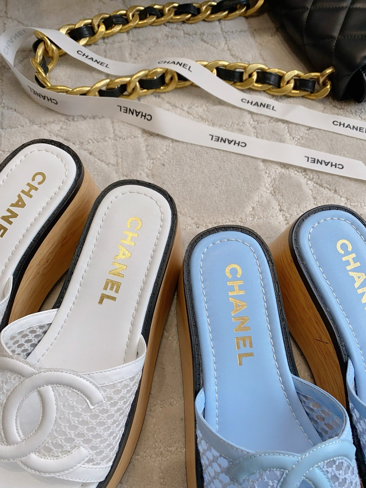 CC Logo Platform Sandals Blue Lambskin 723736