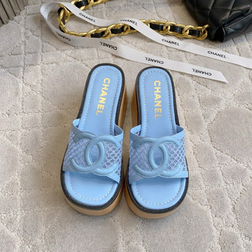 CC Logo Platform Sandals Blue Lambskin 723736