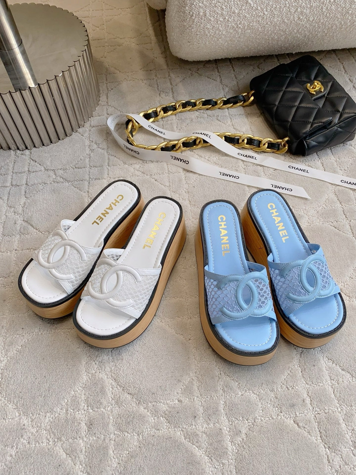 CC Logo Platform Sandals Blue Lambskin 723736