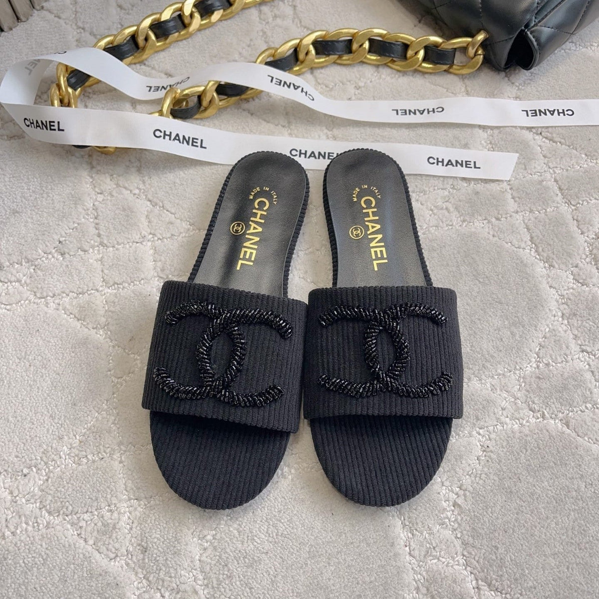 CC 26s Flat Mules Black Woven Cord 723784