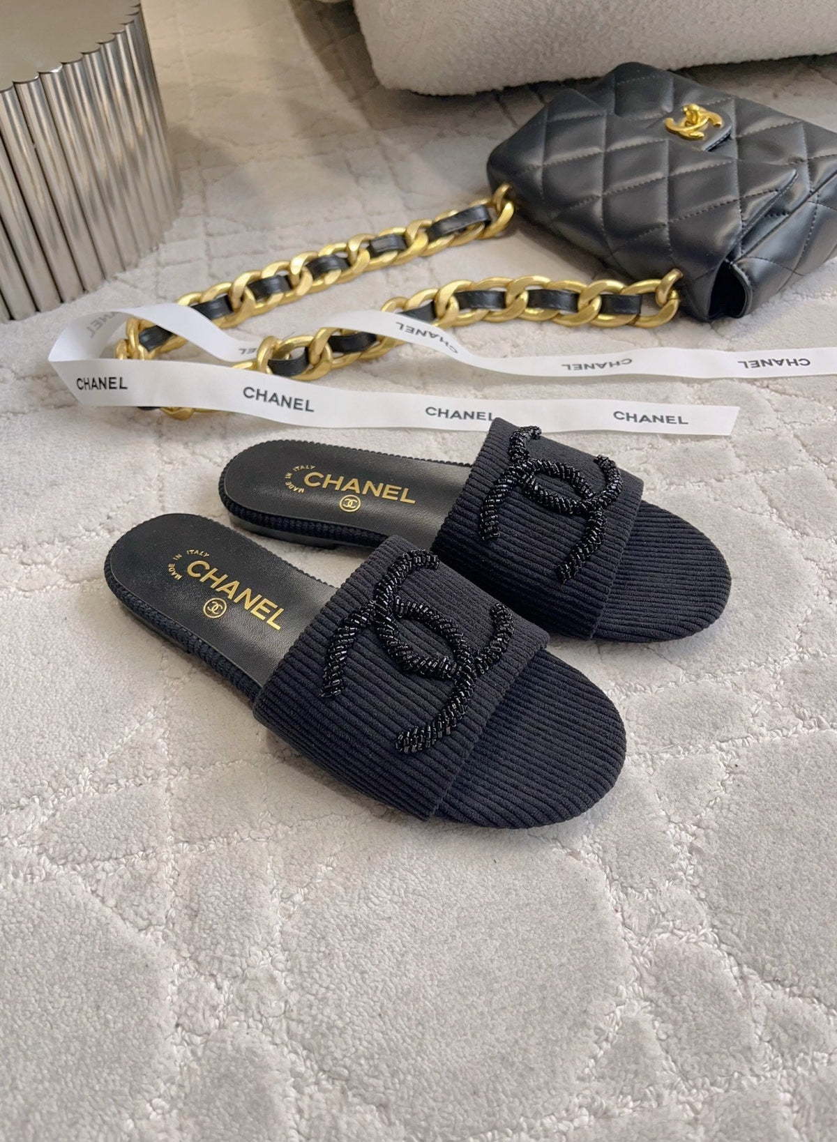 CC 26s Flat Mules Black Woven Cord 723784