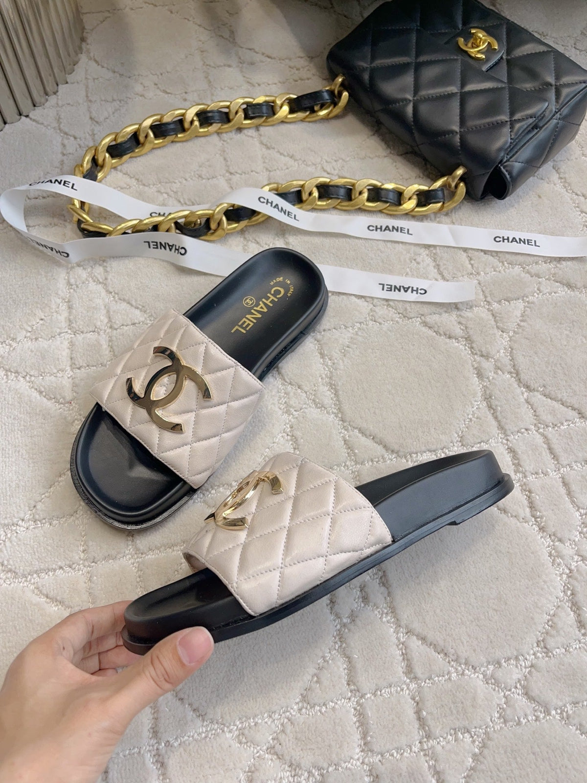CC Logo Slide Black Light Taupe Quited Lambskin 723796