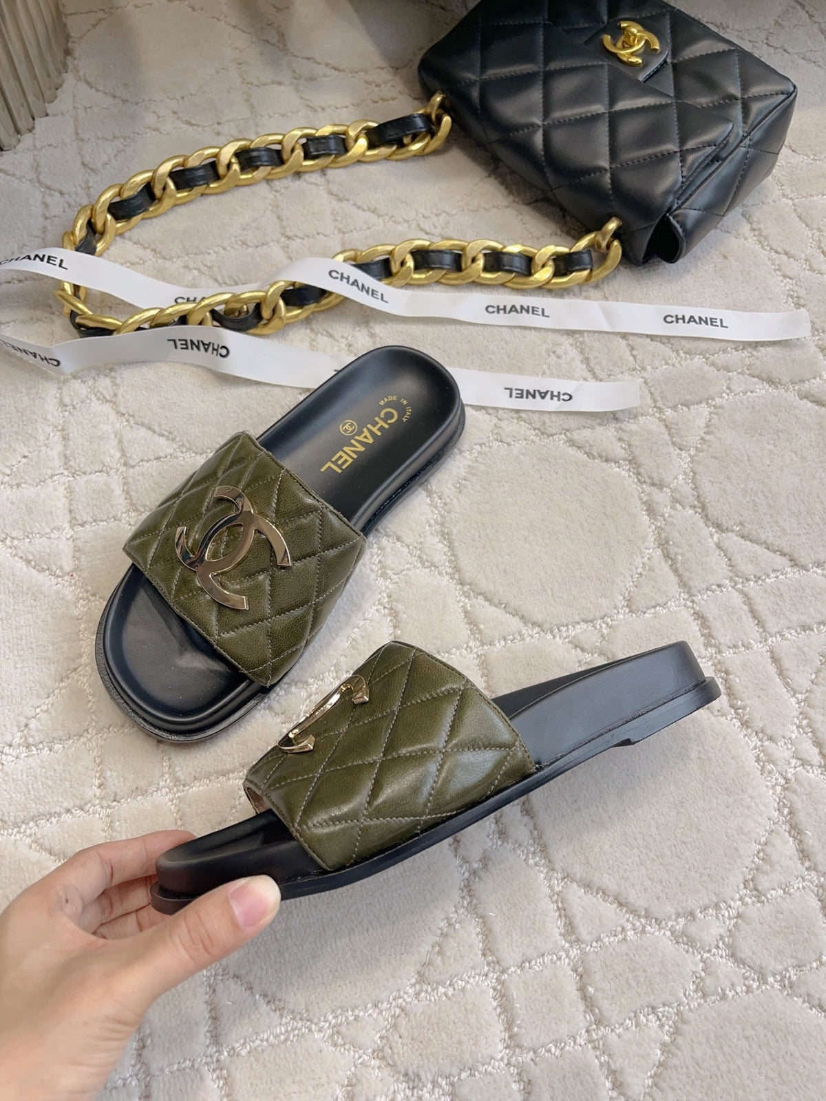 CC Logo Slide Black Olive Quited Lambskin 723795