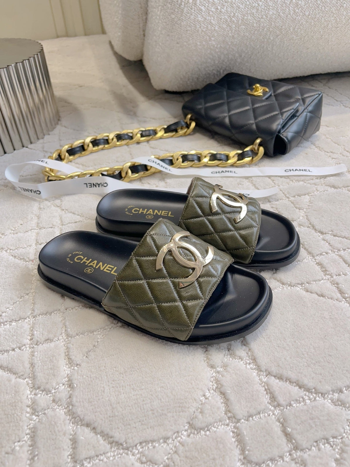 CC Logo Slide Black Olive Quited Lambskin 723795