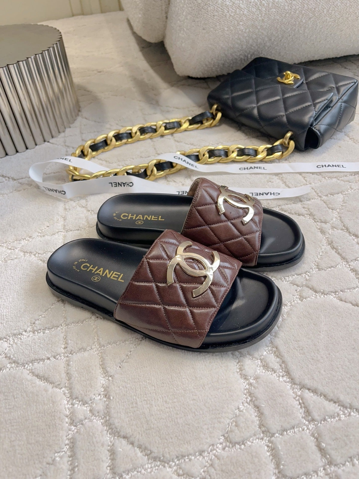 CC Logo Slide Black Brown Quited Lambskin 723794
