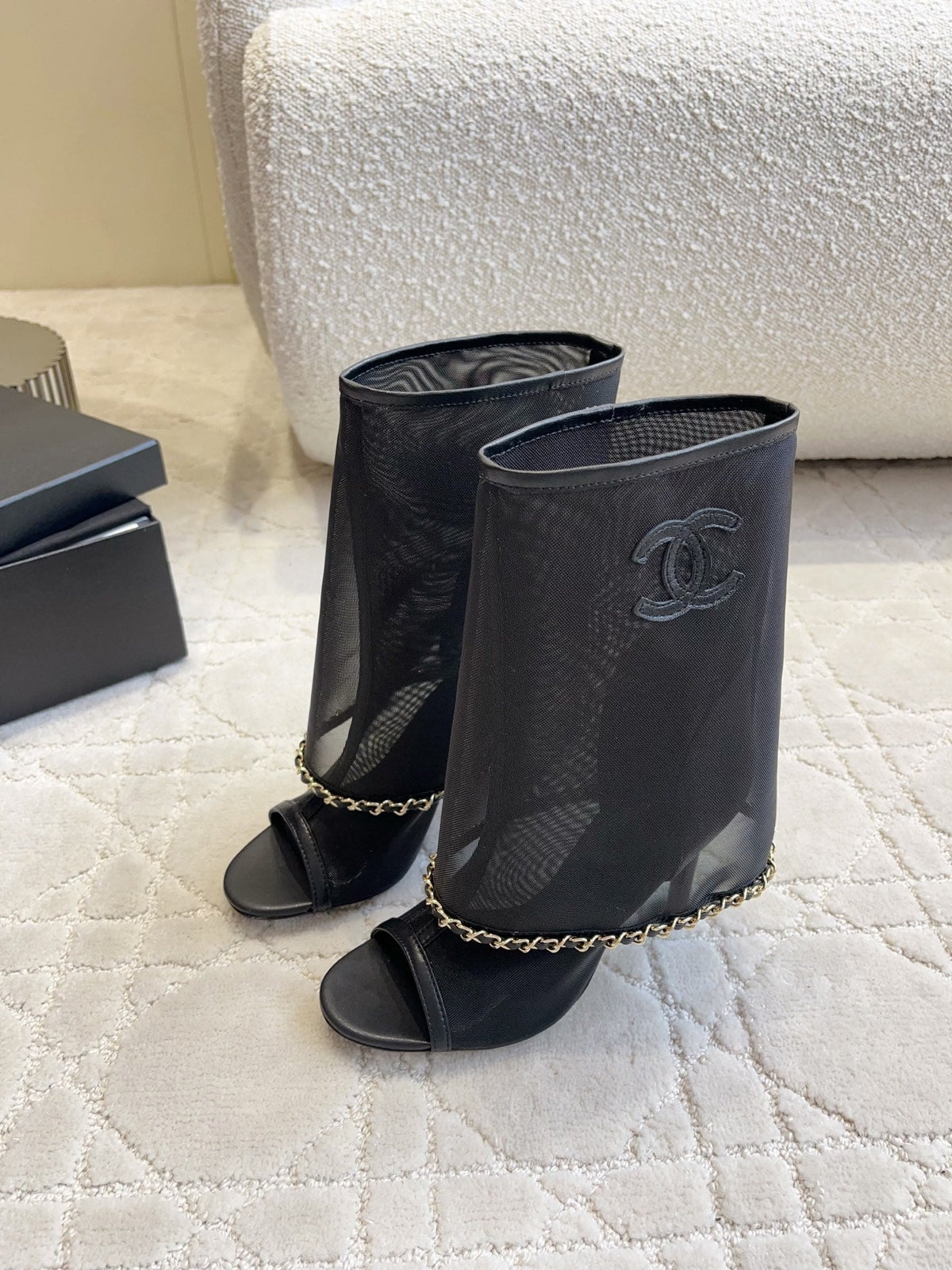 CC Anklet Stiletto Boots Black Mesh Lambskin 808103