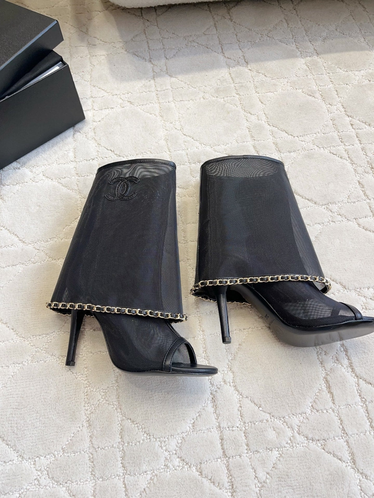 CC Anklet Stiletto Boots Black Mesh Lambskin 808103