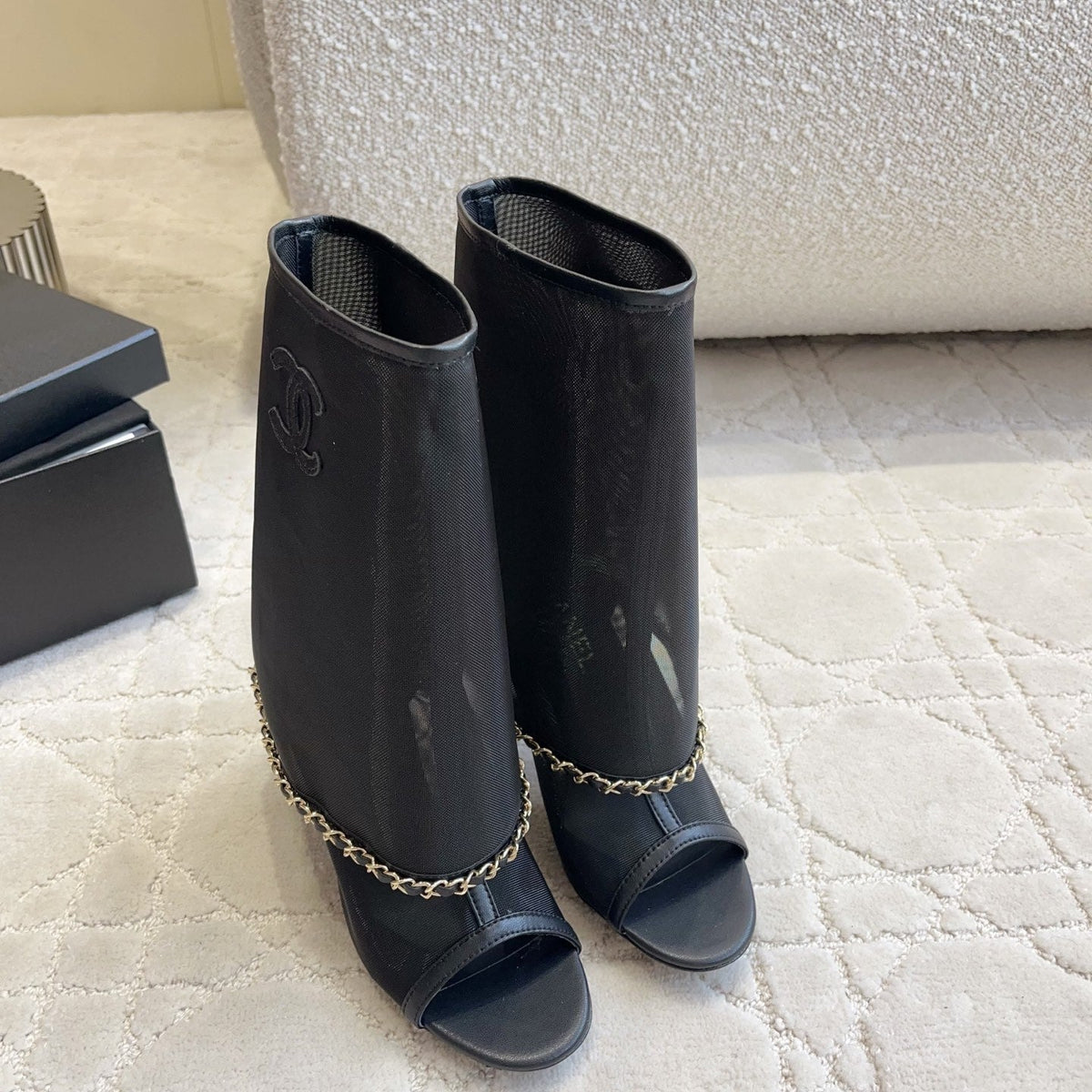 CC Anklet Stiletto Boots Black Mesh Lambskin 808103