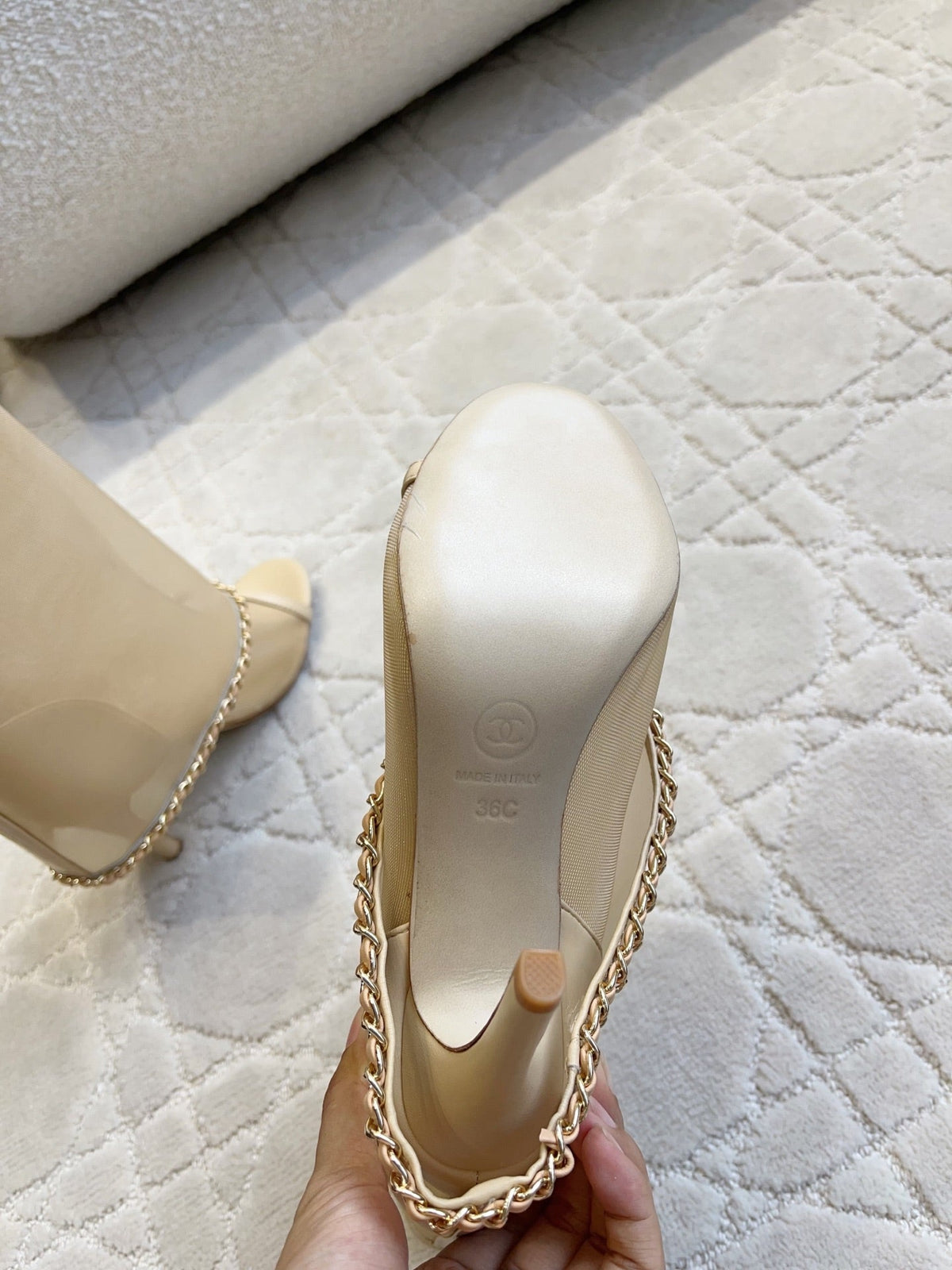 CC Anklet Stiletto Boots Beige Mesh Lambskin 808104
