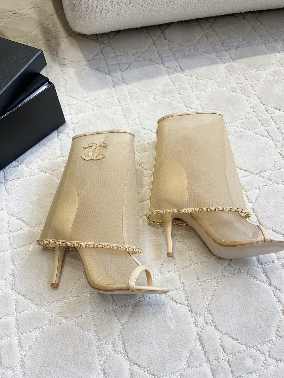 CC Anklet Stiletto Boots Beige Mesh Lambskin 808104