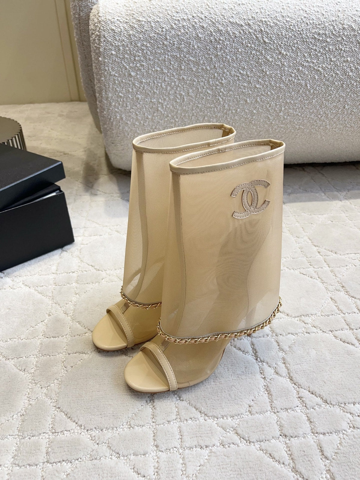 CC Anklet Stiletto Boots Beige Mesh Lambskin 808104