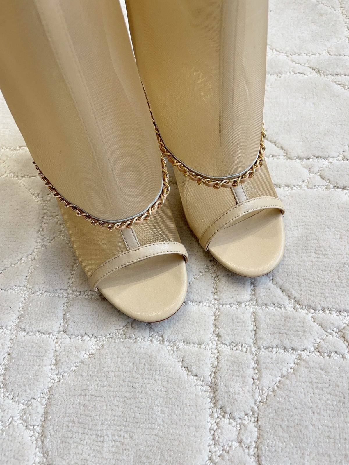 CC Anklet Stiletto Boots Beige Mesh Lambskin 808104