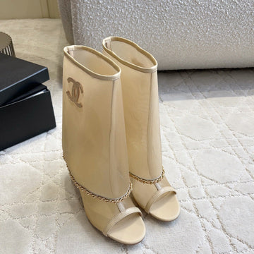CC Anklet Stiletto Boots Beige Mesh Lambskin 808104