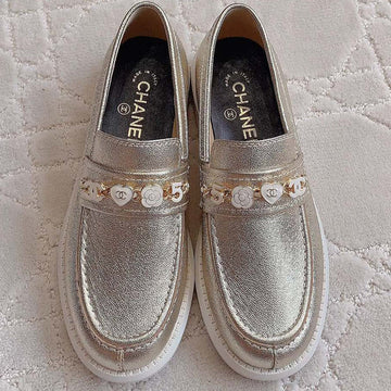 Chanel 2026 Embellished Strap Loafers Gold Metallic Cowhide 977365