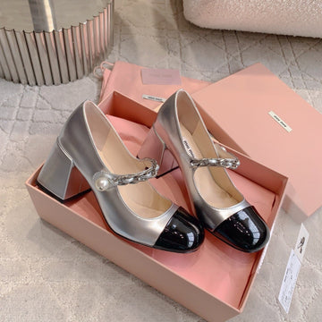 Miu Bicolor Cap-Toe Pumps Black Sliver Patent Leather 724258
