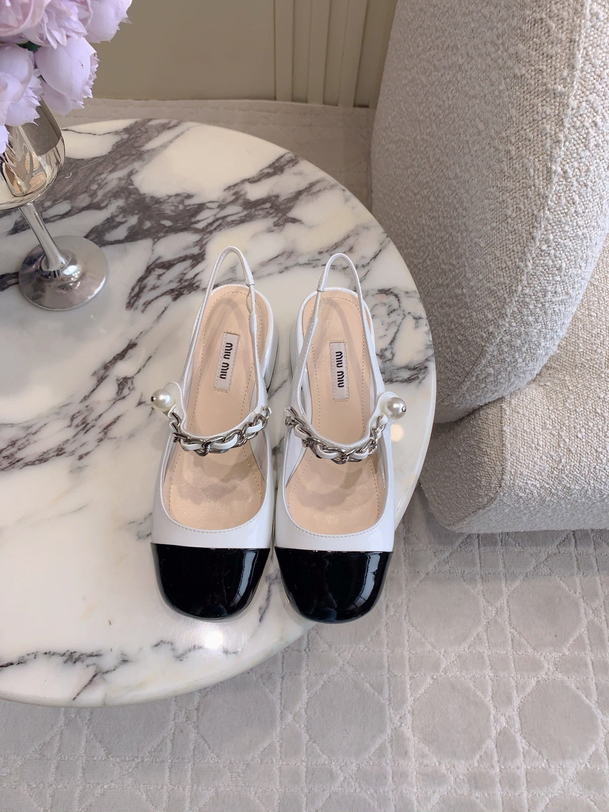 Miu Bicolor Cap-Toe Slingback Black White Patent Leather