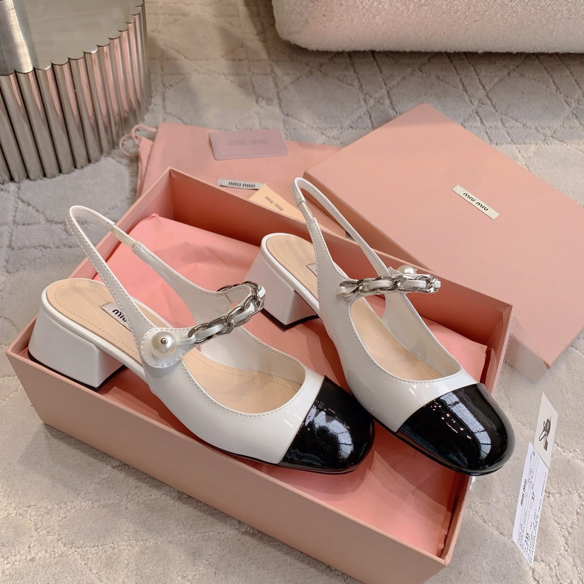 Miu Bicolor Cap-Toe Slingback Black White Patent Leather