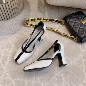 CC FW26 Square Cap Toe Slingback 8.5cm Black White Patent Leather 723690