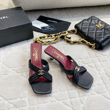 CC Cross Sandal Black Woven Kitten Lambskin 808087