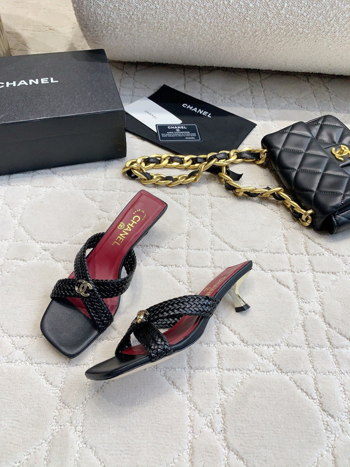 CC Cross Sandal Black Woven Kitten Lambskin 808087