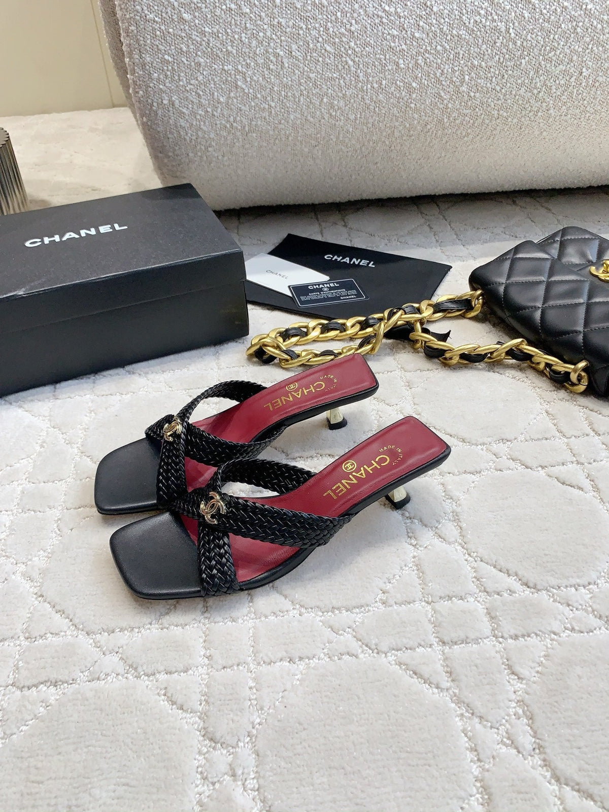 CC Cross Sandal Black Woven Kitten Lambskin 808087