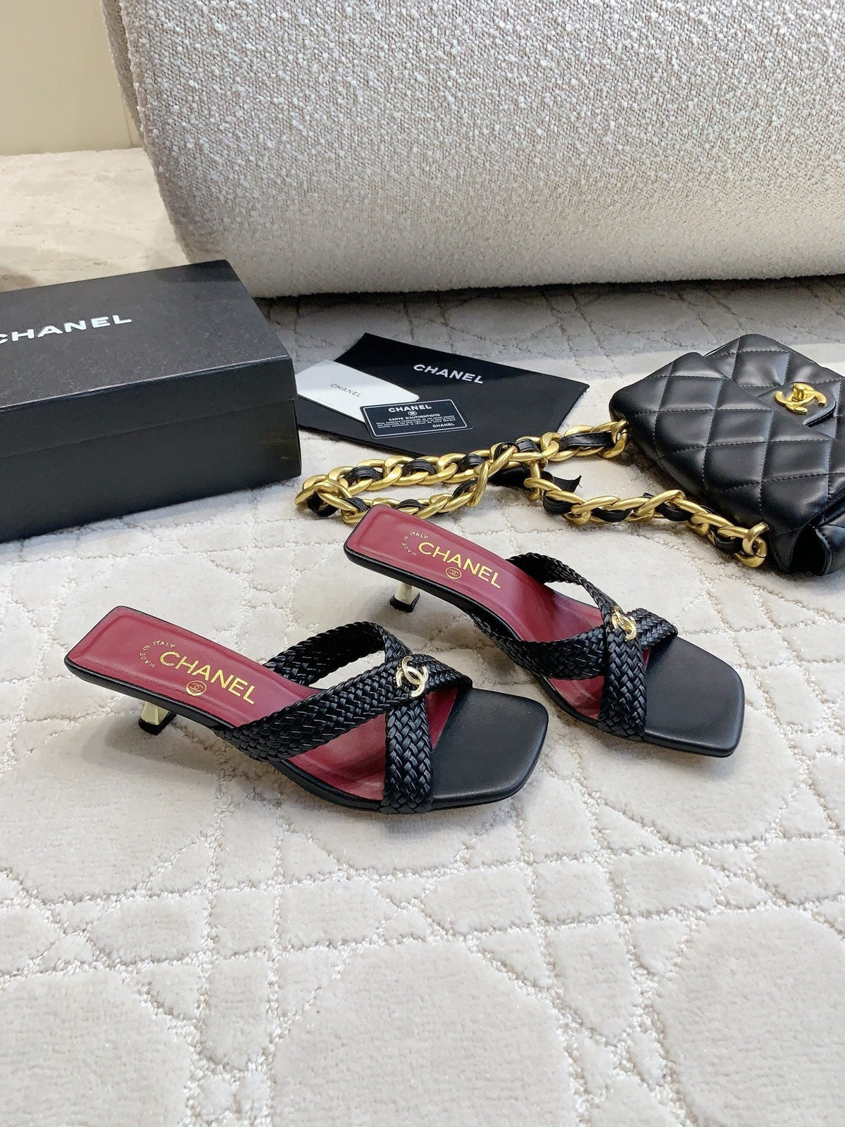 CC Cross Sandal Black Woven Kitten Lambskin 808087