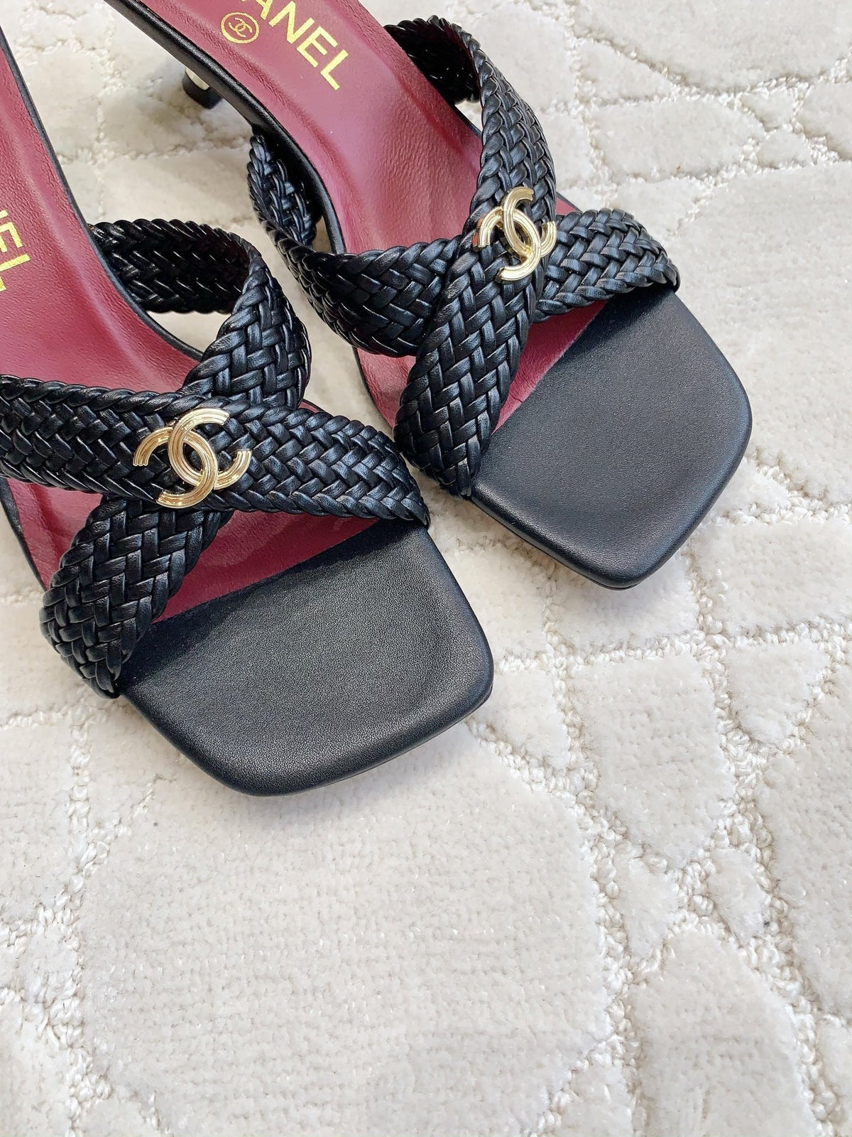 CC Cross Sandal Black Woven Kitten Lambskin 808087