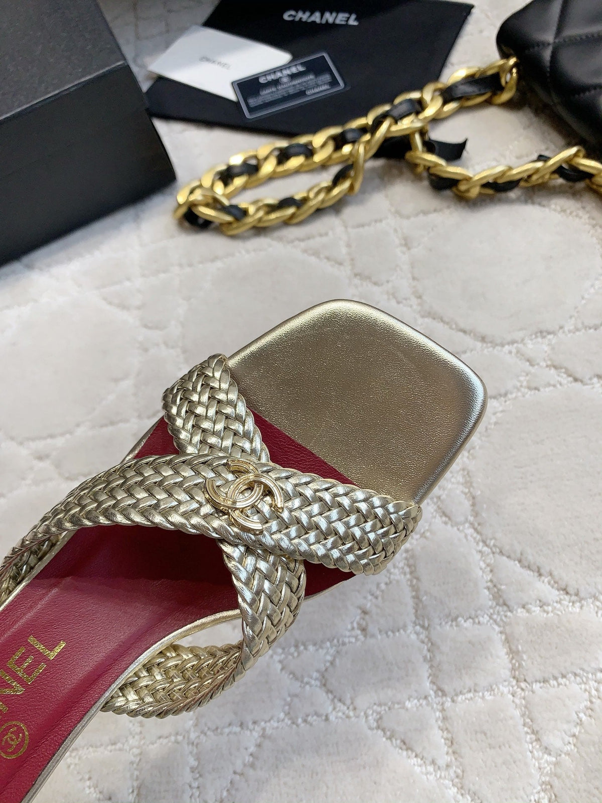 CC Cross Sandal Gold Woven Kitten Lambskin 808088