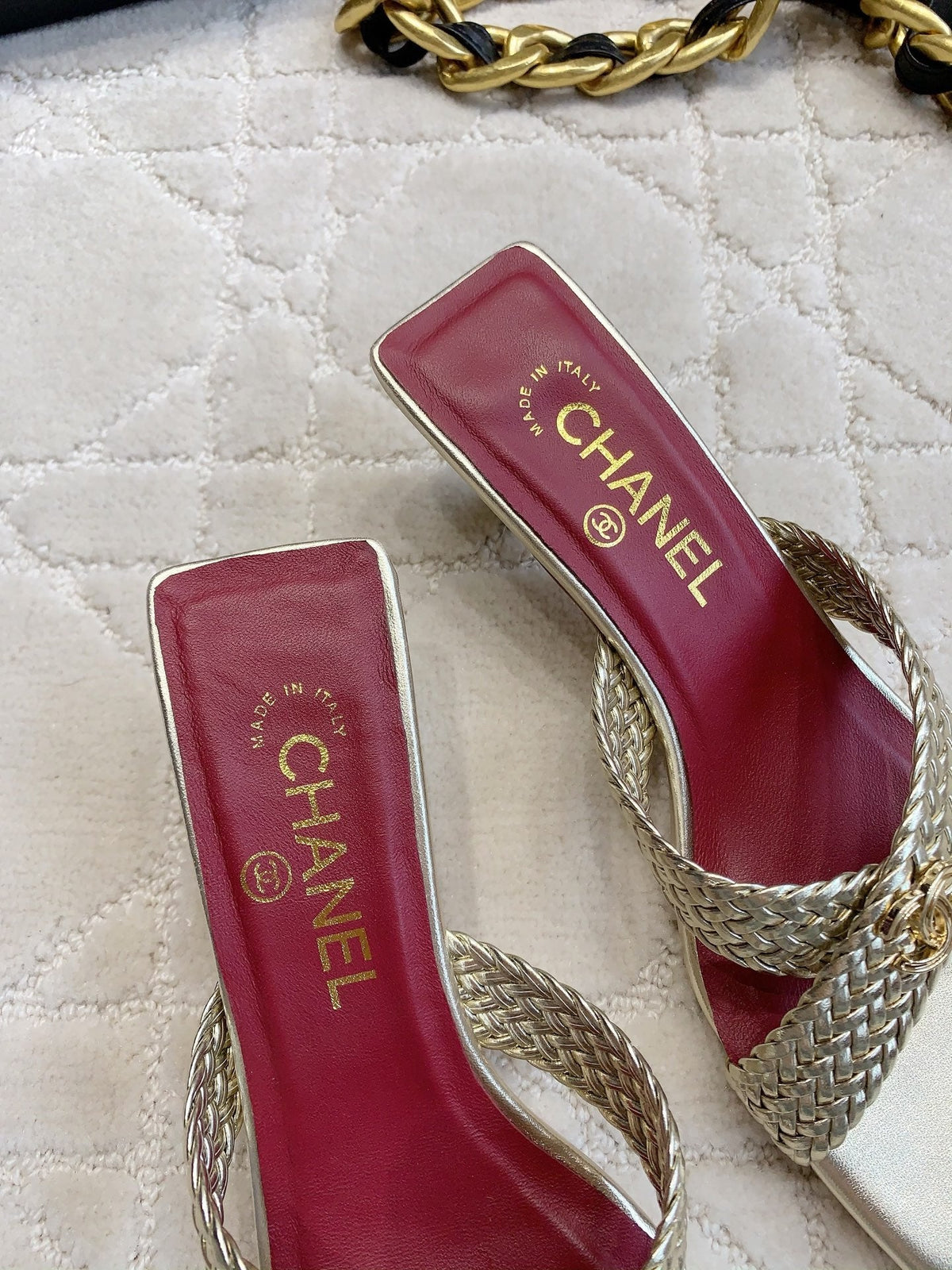 CC Cross Sandal Gold Woven Kitten Lambskin 808088