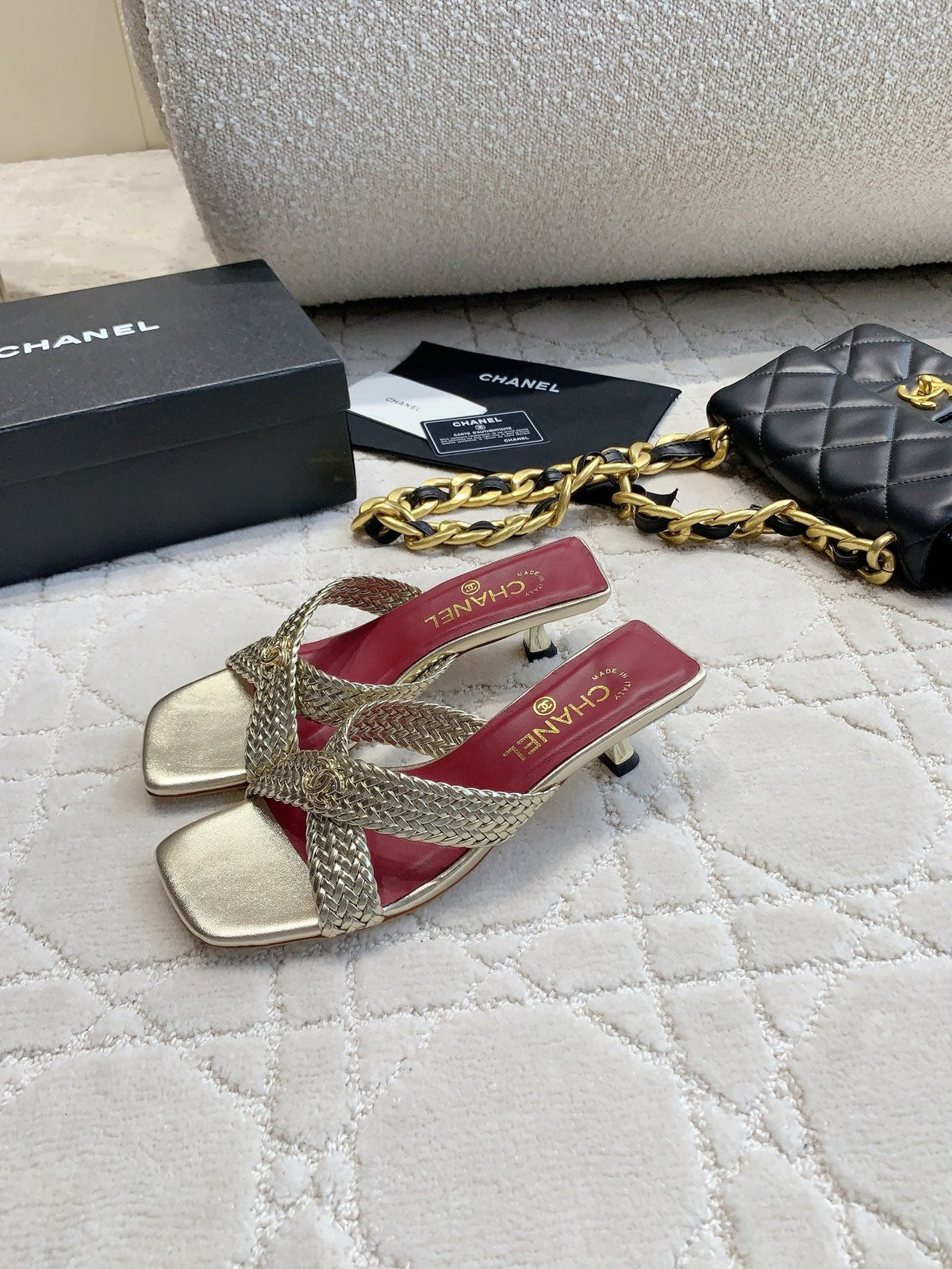 CC Cross Sandal Gold Woven Kitten Lambskin 808088
